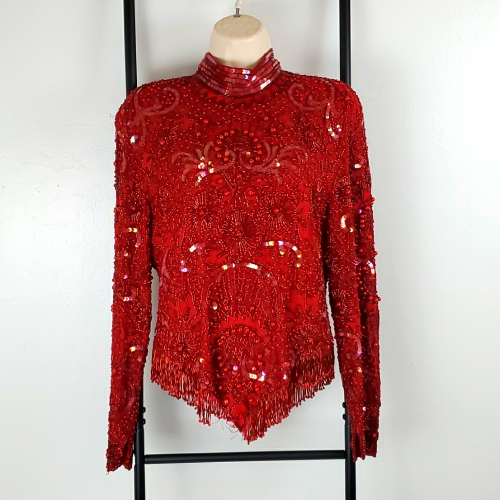 Vintage 1990 Liza Carr Red Silk Beaded Sequin Blouse Top S Y2K